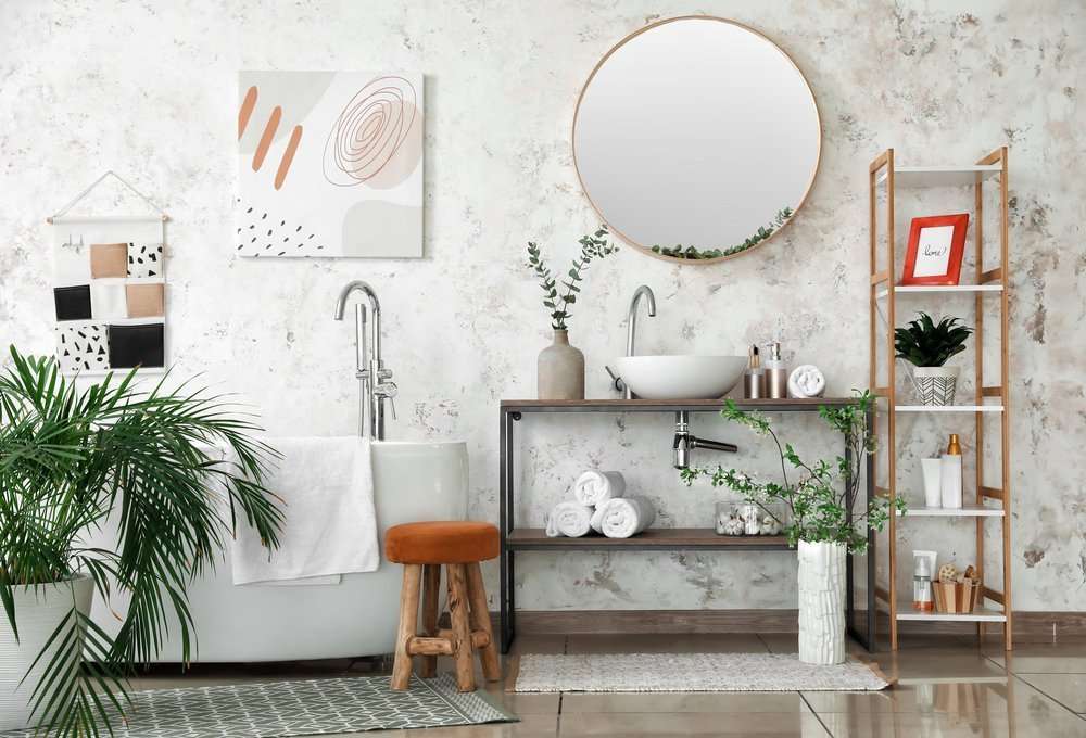 Interior of bathroom with stylish mirror