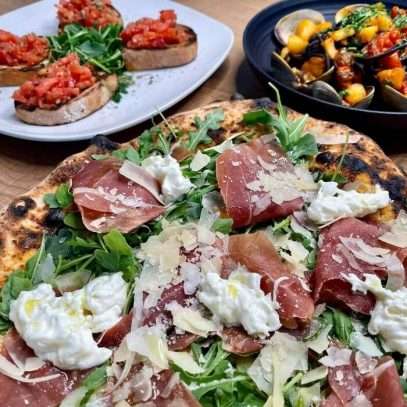 Doppio Zero concord Pizza bresaola Moules marinières tomato basil bruschetta
